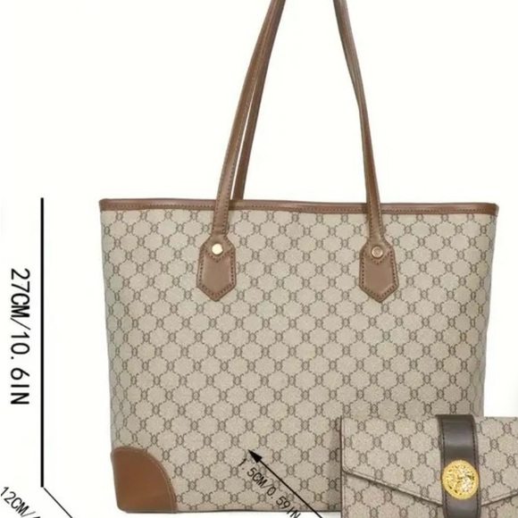 NWT Elegant Brown and Gray Coated Canvas Tote Bag & Wallet With Dustbags - Picture 3 of 6